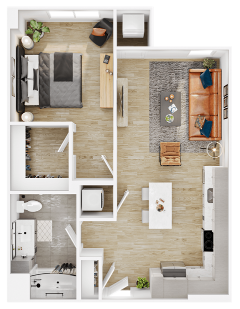 Floor plan for 1 bed, 1 bath, 725 sqft